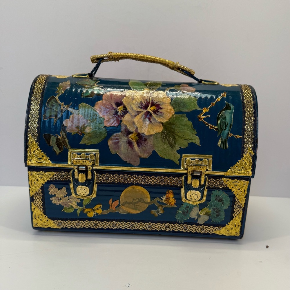 Vintage decoupaged hand painted metal lunchbox Floral with Gold Accents